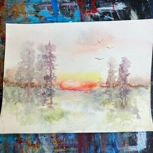 Landscape Original Sunset painting watercolor western trees art colorful artwork
